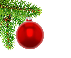 3D illustration. Closeup of red bauble on branch of a Christmas tree showing needles, white background.