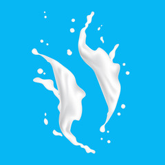 Obraz na płótnie Canvas 3d Milk Splash Drops On A Blue Background. Cream Yogurt Splashing Design Element.