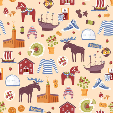 Vector seamless pattern with hand drawn  elements of famous landmarks of Sweden. Traditional Swedish food, clothes and buildings.