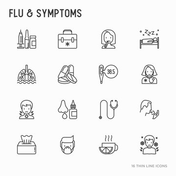 Flu and symptoms thin line icons set: temperature, chills, heat, runny nose, doctor with stethoscope, nasal drops, cough, phlegm in the lungs. Modern vector illustration.