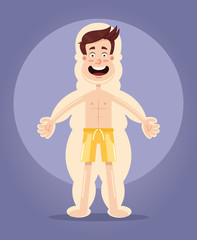 Slim strong man character locked in fat body. Sport healthy lifestyle concept. Vector flat isolated cartoon illustration
