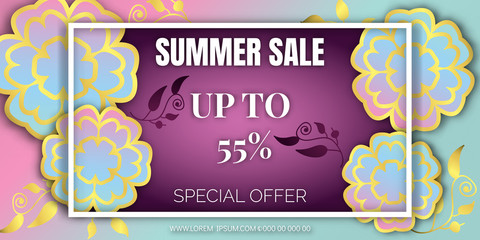 Summer sale background with beautiful colorful flower. Vector illustration template. voucher discount.