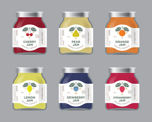 Six labels fruit jam. Labels, cherry, pear, orange, lemon, dewberry, strawberry jam labels and packages. Premium design. The flat original illustrations and texts on the minimalist labels on the jars 