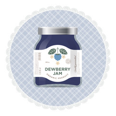 Dewberry jam label and packaging. Premium design. The flat original illustration and texts on the minimalist label on the jar.