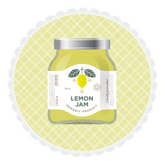 Lemon jam label and packaging. Premium design. The flat original illustration and texts on the minimalist label on the jar.