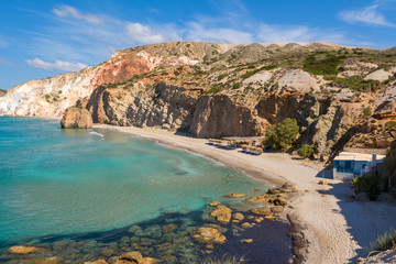 Firiplaka Beach, one of the most popular beach situated at the southern side in Milos island. Cyclades, Greece.