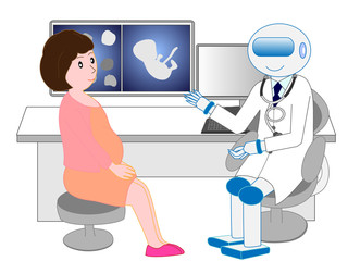 人工知能のロボット医師から診察を受ける妊婦