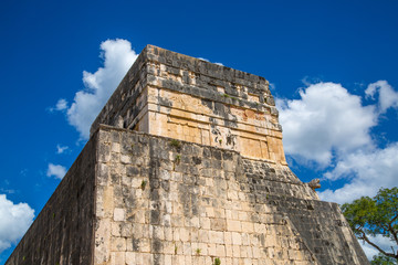 Mexico, Yucatan, Mayan Great Ball court and Temple of Jaguar with viewing platform.