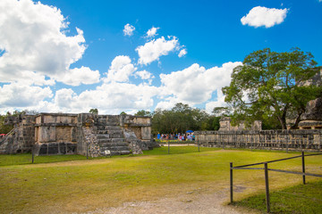 Mexico, Yucatan, Mayan Great Ball court. Temple of Jaguar and Eagles platform. 