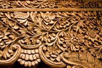 Kashmiri Walnut Bed Board Detail with Floral Design. Hand-carved by a Master Craftsman in a small village of Kashmir. This is a disappearing craft in the state.