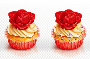 Two cupcake with red rose