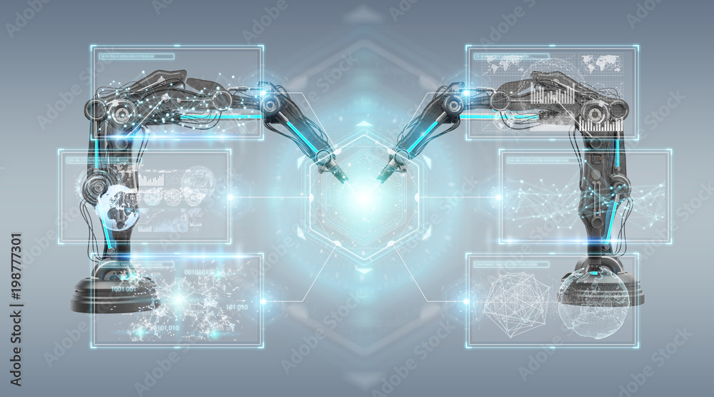 Poster robotics arms with digital screen 3d rendering