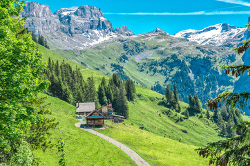 Houses in the Swiss village of the Engelberg resort. Landscape of Swiss alpine nature