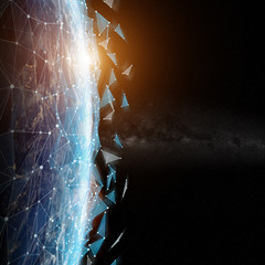 Connections system and datas exchanges on planet Earth 3D rendering