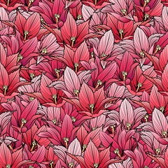 Color graphic seamless pattern, linear, engraving drawing of elegant red and pink tulip flowers. Vector illustration, isolated on background for texture, wrapping, packaging and other design.