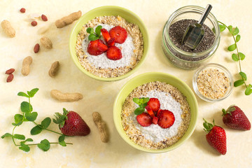 Chia pudding with coconut milk, strawberries and peanuts