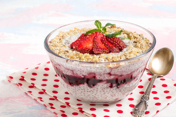 Chia pudding with coconut milk, strawberries and peanuts