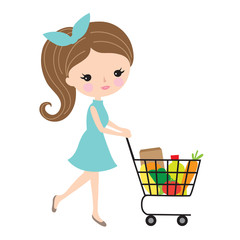 Pretty Woman or Girl pushing grocery shopping cart with food in supermarket.
