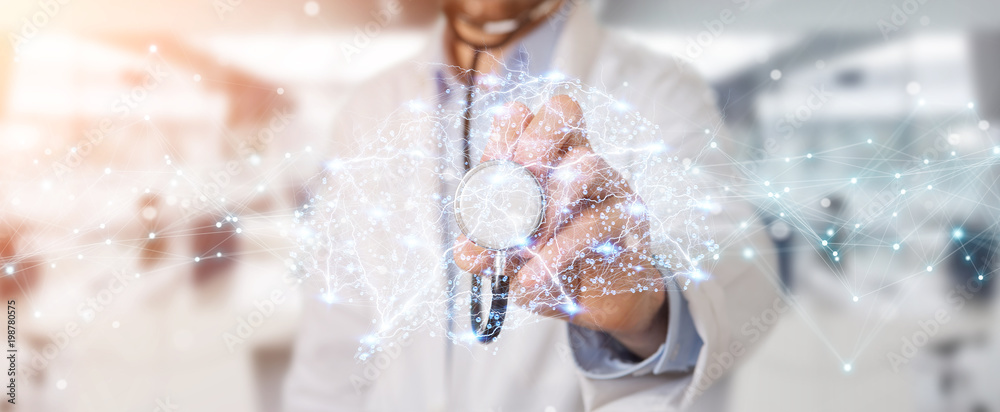 Poster doctor holding digital brain interface 3d rendering