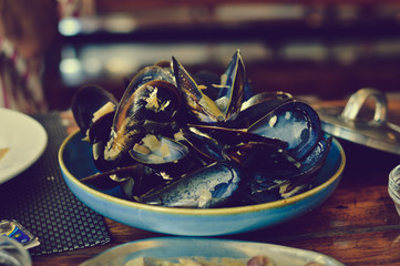 Closeup on Mussles Shells, abstract foody background