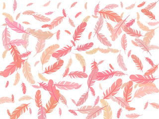Feather graphic pattern vector red print. Light minimalist background with plumelet. Editable backdrop with flying feather elements. Cute vector illustration design.