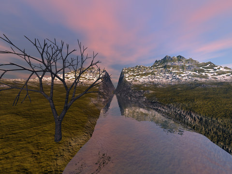 Canyon, an autumn landscape, grass and snow on the ground, a black tree and reflection in water.