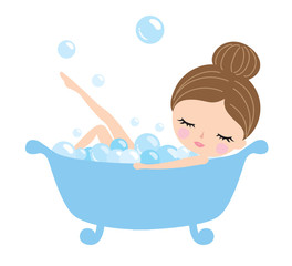 Young woman taking a bubble bath and relaxing in a bathtub.