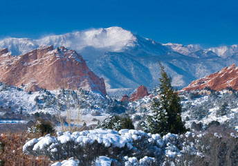 Pikes Peak Soaring over the Garden of the Gods in Winter