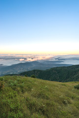 Fototapeta na wymiar vertical beautiful scene of green valley of high hill and fog in morning