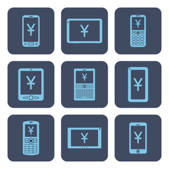 Set of icons - mobile devices with yen or yuan symbols on screens