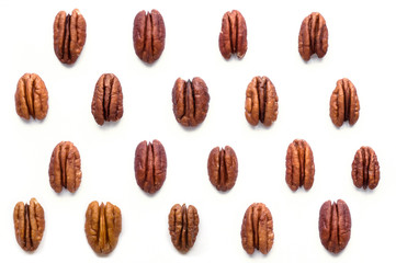 Pecan nut pattern. Isolated nuts. Top view.