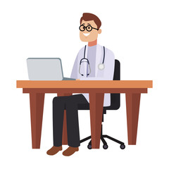 Fototapeta premium Doctor man seated at desk vector illustration graphic design