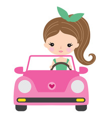Vector illustration of a young woman or teenage girl driving a convertible car.