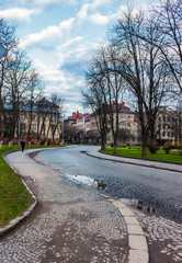 cobble street winding through old town