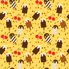 Seamless pattern vector of chocolate ice cream on a stick and red berry. Summer sweet and delicious dessert. 