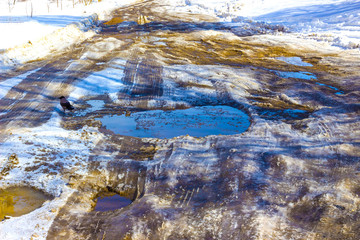 Holes and pothole on a rural road with snow