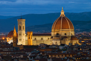 Fototapeta na wymiar Cathedral of Santa Maria del Fiore close up in September twilight. Florence, Italy