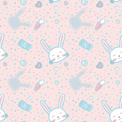 Cute doodle seamless pattern with bunny