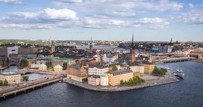 Aerial zoom in view on Riddarholmen (Knights island) in Stockholm, Sweden
