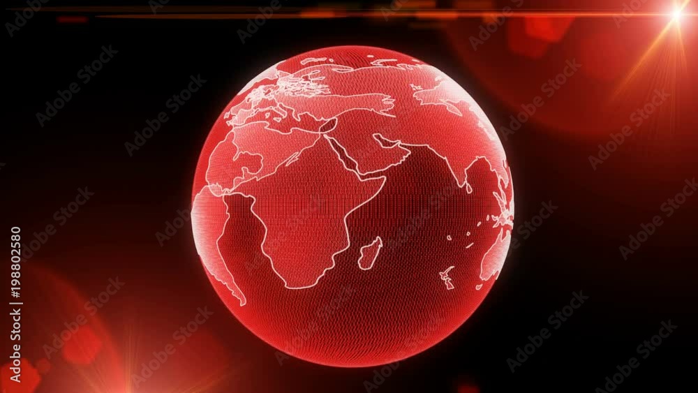 Poster Earth Rotating Hi Technology Scifi Graphic Animation. Abstract Virtual Futuristic Motion Spin Particle Layer Globe In Galaxy Space With Red Sun Flare Future Communication Idea Concept Design.