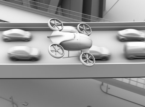 Clay rendering of passenger drone flying over cars in heavy traffic jam. 3D rendering image.