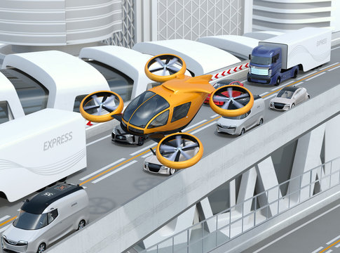 Yellow passenger drone flying over cars in heavy traffic jam. Concept for drone taxi. 3D rendering image.