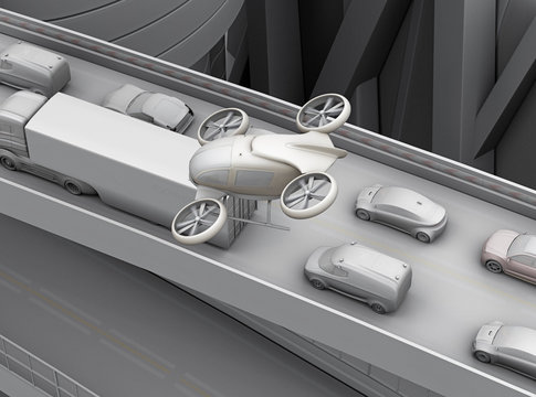 Clay rendering of passenger drone flying over cars in heavy traffic jam. 3D rendering image.