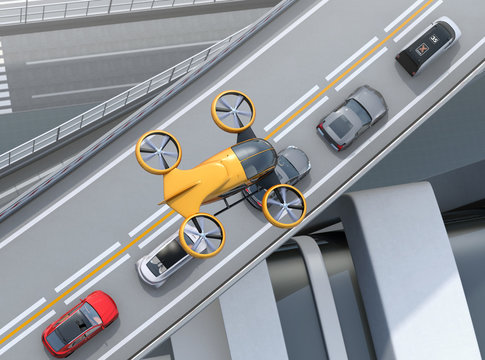Top view of yellow passenger drone flying over cars in heavy traffic jam. Concept for drone taxi. 3D rendering image.