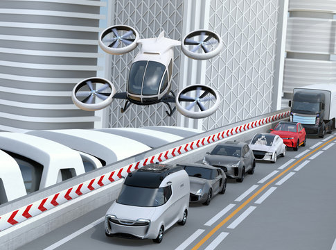 White passenger drone flying over cars in heavy traffic jam. Concept for drone taxi. 3D rendering image.
