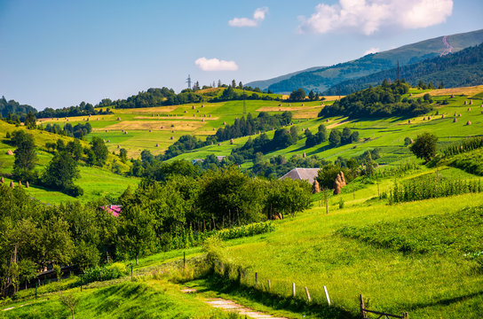 beautiful countryside in summertime. haystack on grassy hillsides of Carpathian mountain