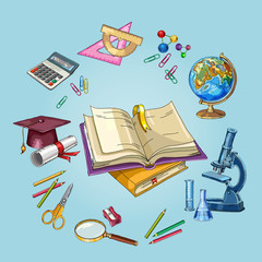 Open book of knowledge. Modern education elements, school tools. Symbol of science and education. Education and science. Back to school concept