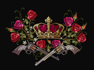 Classical embroidery revolvers, golden crown and spring roses. Symbol of romanticism and crime. Embroidery crown, crossed guns and roses. Template for clothes, textiles, t-shirt design
