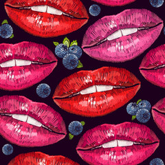 Embroidery lips and bilberry. Cosmetics and makeup seamless pattern. Sweet kiss fashion art. Sexy wet lip make-up pattern. Fashion template for clothes, textiles, t-shirt design