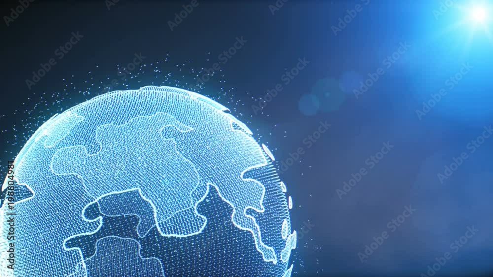Poster Earth Rotating Hi Technology Scifi Graphic Animation. Abstract Virtual Futuristic Motion Spin Particle Layer Globe In Galaxy Space With Blue Sun Flare Future Communication Idea.